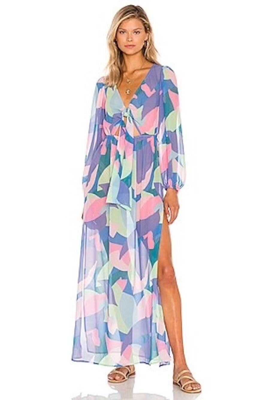 Beach Riot Shiloh Printed Long Sleeve V-Neck Tie Front Coverup Maxi Dress Small